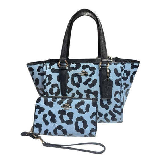 Coach Handbags - Coach Blue and Black Leopard Print Tote and Wristlet Set